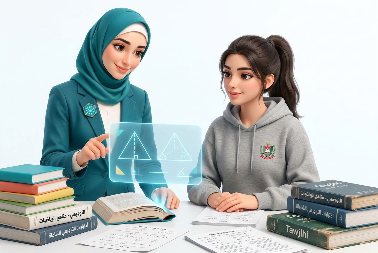 أستاذة افتراضية وطالبة مع كتاب وسبورة رقمية تجمع الذكاء الاصطناعي بالتعليم