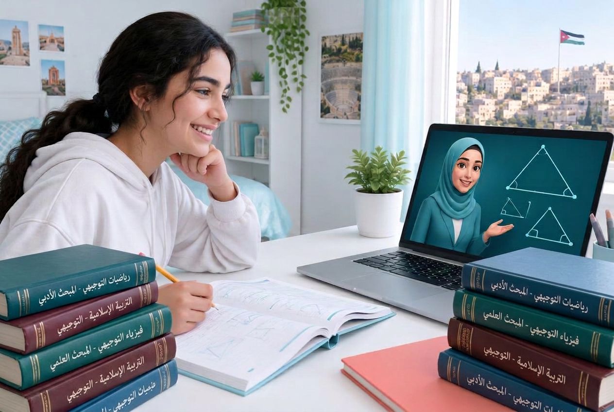 طالبة تفهم درسها مع أستاذة افتراضية وسبورة وكتاب مفتوح