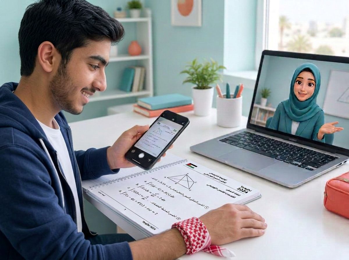 طالب يصور سؤالًا من دفتره بجانب أستاذته الافتراضية
