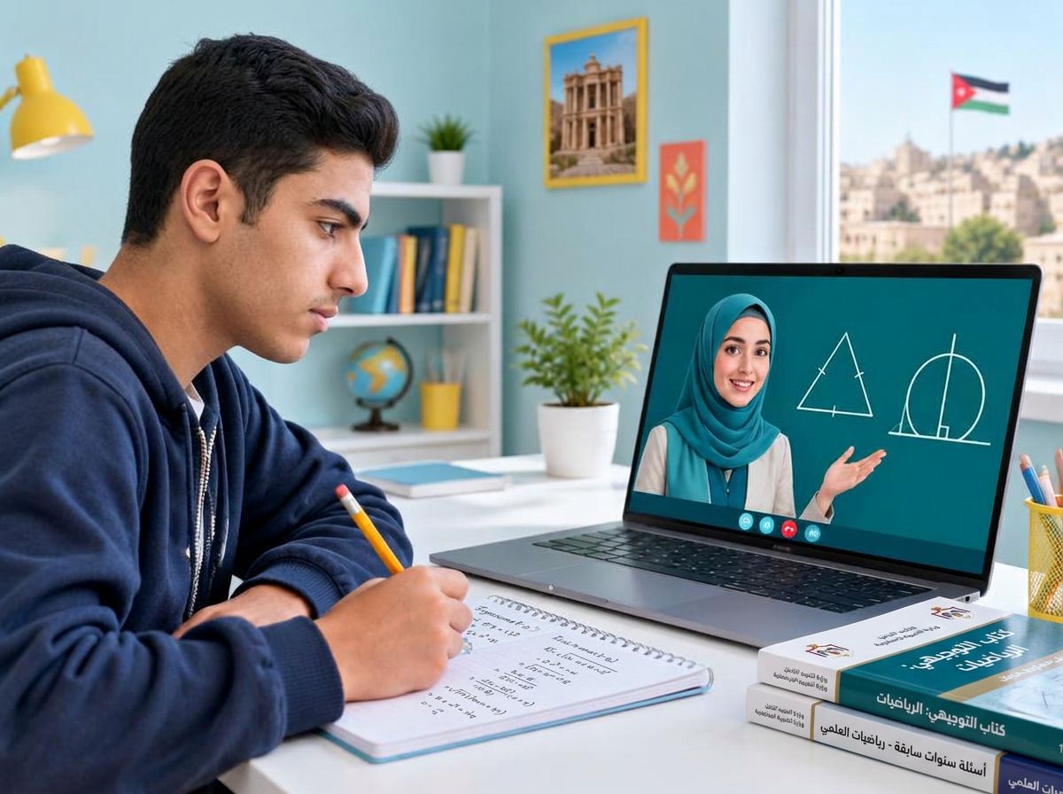 طالب يكتب الحل مع أستاذة افتراضية وسبورة فيها أشكال هندسية