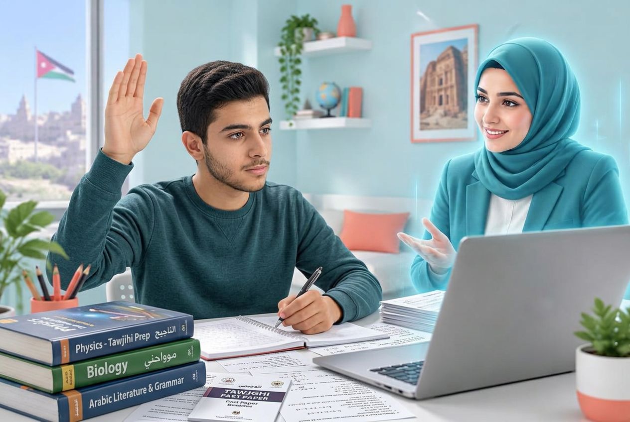 طالب يرفع يده ليسأل أستاذة افتراضية بجانب كتابه